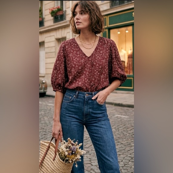 Madewell Tops - Madewell Cottagecore Floral V-Neck Top - Deep Plum / Burgundy - Size Large